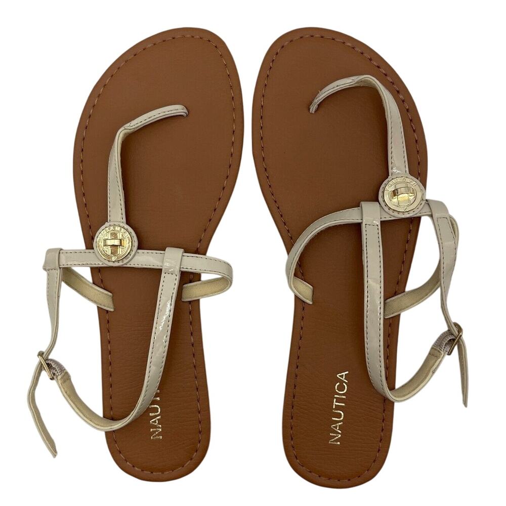 Nautica Women's Thong Flat Sandals Brown/Beige T-Strap 10 inch Length
